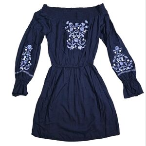 Hollister Off the Shoulder Embroider Navy Midi Long Sleeve Dress Size Small